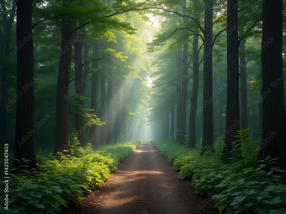 Obraz premium A serene path winding through a lush forest landscape with dappled sunlight filtering through the trees creating an inviting and peaceful atmosphere