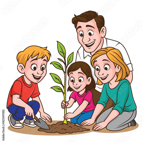 Happy Family Planting Tree Together – Cartoon Illustration for Arbor Day and Environmental Campaigns