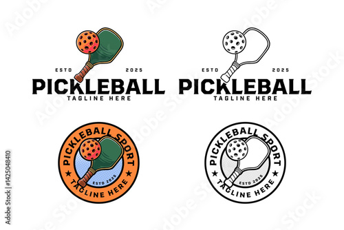 pickleball with paddle and ball illustration modern logo design. pickleball racket, bat with ball circle badge logo design set for pickler, pickleball sport club and pickleball tournament