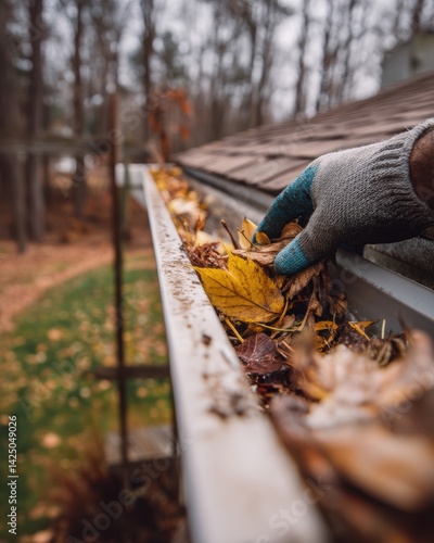 Removing Autumnal Leaves from Gutter Protecting Home Exterior During Fall Weather Cleaning Process Outdoor
