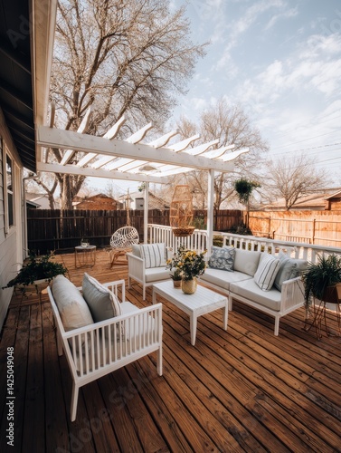 Inviting garden deck with white furniture sunny day natural light wooden floor backyard spring vibe