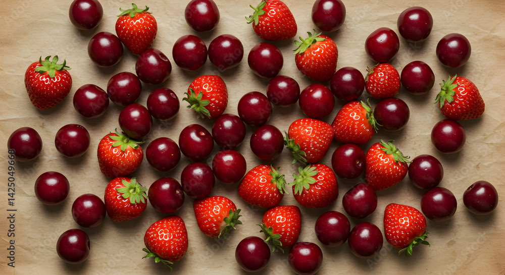 A Fresh Assortment Of Strawberries And Cherries On A Rustic Background A Fresh Assortment Of Strawberries And Cherries On A Rustic Background