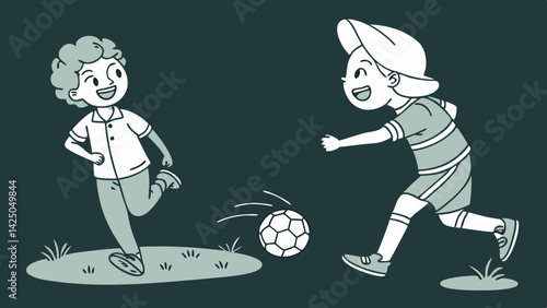 little kid play football together with friend isolated on dark green background  vector, illustration.
