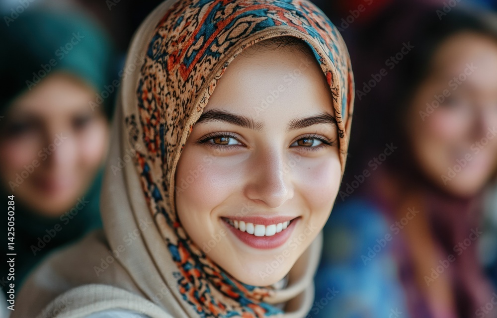 A close up portrait of a smiling woman wearing a colorful hijab, exuding warmth and confidence with a gentle and friendly expression. A close up portrait of a smiling woman wearing a colorful hijab, exuding warmth and confidence with a gentle and friendly expression.