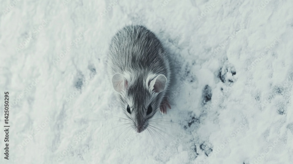Obraz premium Small gray mouse on snowy ground