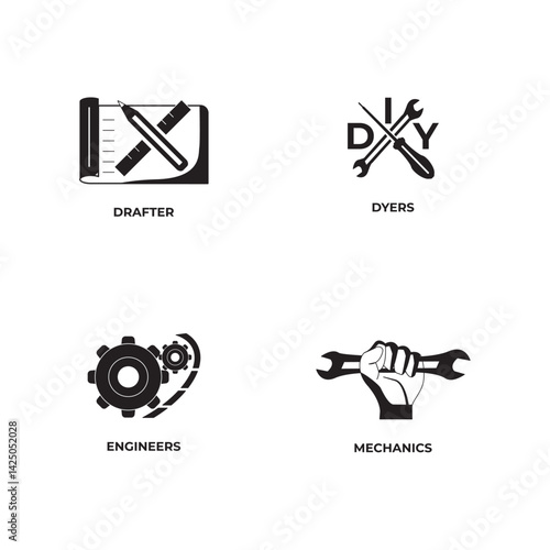 Set of black-and-white icons representing drafter, DIY, engineer, and mechanic professions. Perfect for educational, industrial, or career-themed vector designs.