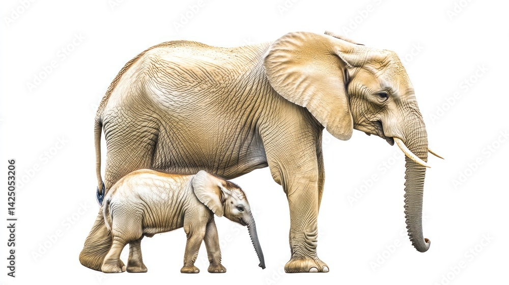 Fototapeta premium Mother and calf elephants against a white background
