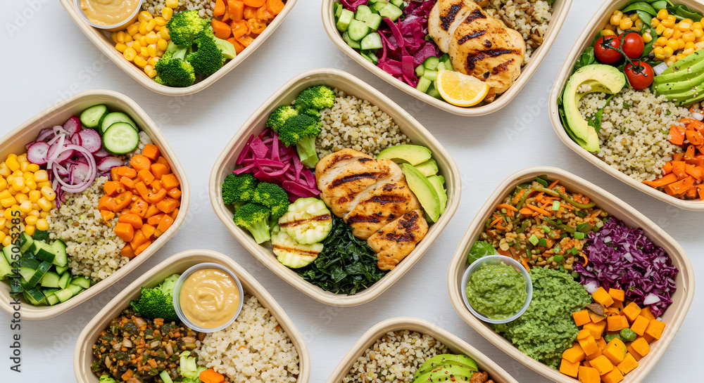 Assortment Of Healthy Grain Bowls Featuring Fresh Vegetables And Protein Assortment Of Healthy Grain Bowls Featuring Fresh Vegetables And Protein