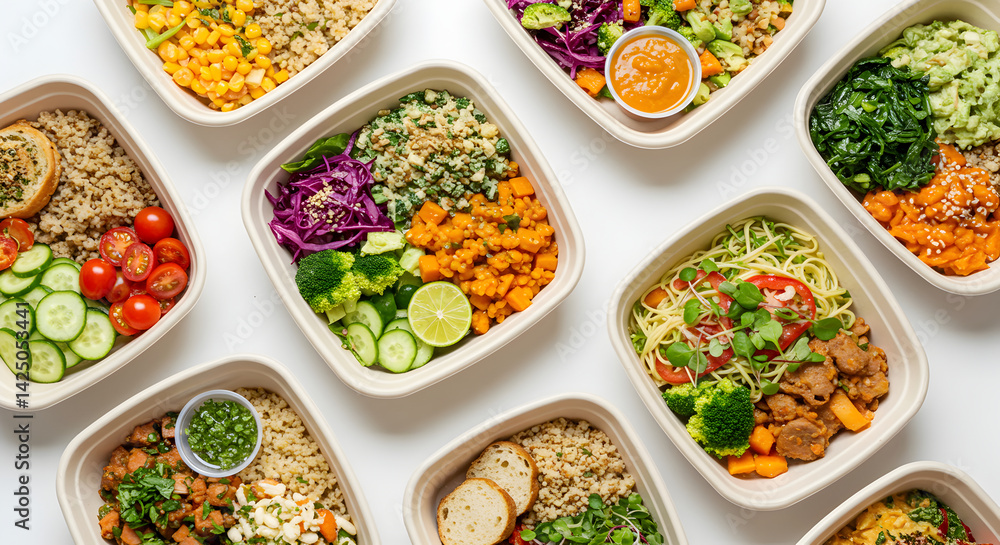 Variety Of Healthy Food In Takeout Containers On White Background Variety Of Healthy Food In Takeout Containers On White Background