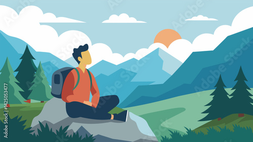 A hiker pausing on a mountain trail taking a few moments to sit on a rock and close his eyes in meditation feeling fully present in nature..