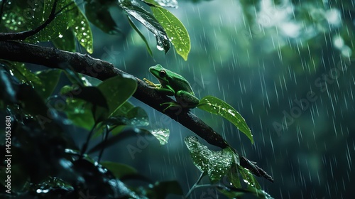 Emerald perch A frog amidst a downpour clinging to a rainslicked branch