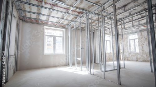 Interior construction perspective showing partition framing under ceiling in unfinished room project space