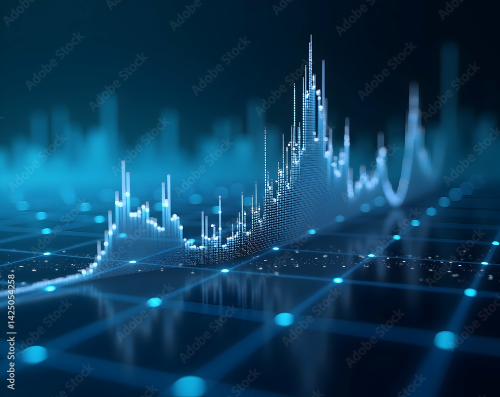 Abstract financial graph overlays with glowing grid for futuristic data visualization and analysis, presenting market trends and investment opportunities