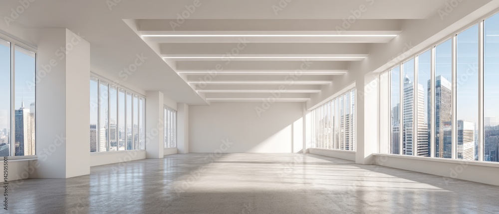 Obraz premium Bright Empty Contemporary Office Interior with White Walls Concrete Floor and Cityscape View Through Large Windows