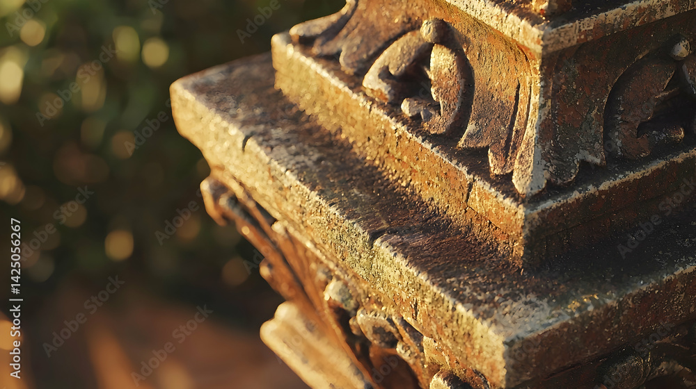 Ornate stone pillar detail, sunlight, garden background, architectural texture, design element Ornate stone pillar detail, sunlight, garden background, architectural texture, design element