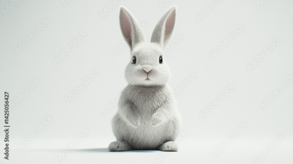 Obraz premium Cute white rabbit, sitting, front view