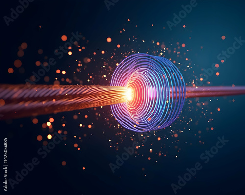 Abstract visualization of magnetic field representation around a current carrying conductor, showcasing electromagnetic principles with glowing particle effects