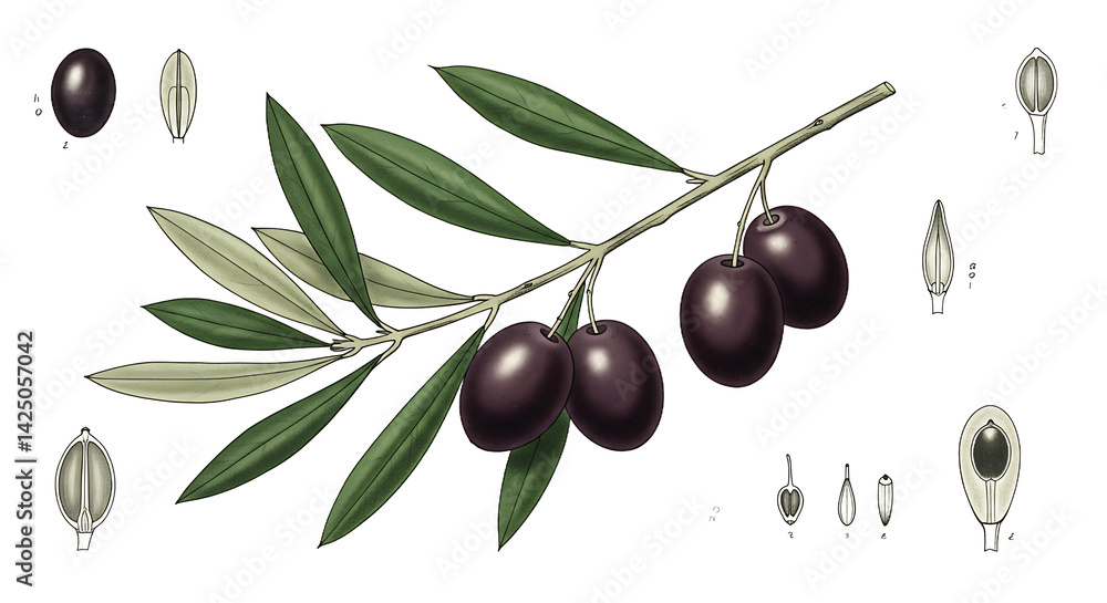Obraz premium Illustration showing a branch with olives and cross sections of the olive anatomy on black background