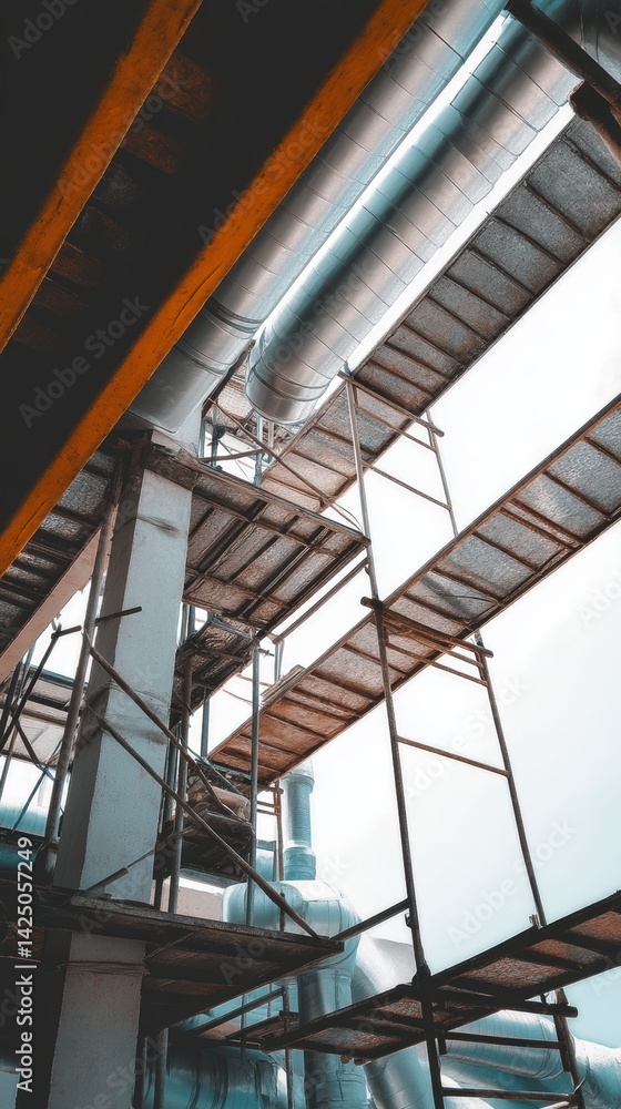 Obraz premium Industrial Interior Architecture Featuring Metal Pipes and Scaffolding under Construction Bright Sky
