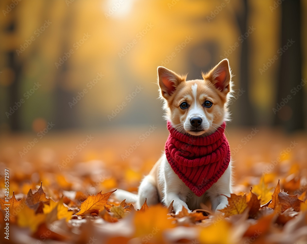 Adorable puppy portrait with a knitted scarf amidst colorful autumn leaves, capturing the essence of fall with copy space for custom text and designs, perfect for seasonal promotions Adorable puppy portrait with a knitted scarf amidst colorful autumn leaves, capturing the essence of fall with copy space for custom text and designs, perfect for seasonal promotions