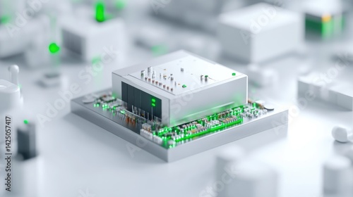 Modern circuit board technology.  3D rendered illustration of a complex electronic component, showcasing intricate circuitry and  illuminated elements