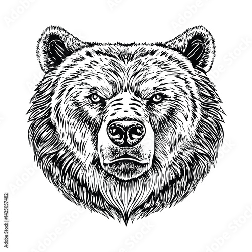 Hyper Detailed Grizzly Bear Head – Black and White Wildlife Illustration