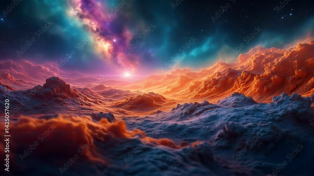 Celestial Sunset over Frozen Mountains A Fantasy Landscape Celestial Sunset over Frozen Mountains A Fantasy Landscape