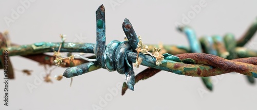 Close up of weathered barbed wire with rust and oxidized patina detail against neutral backdrop