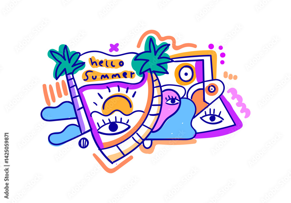 Obraz premium Modern pop art cubism illustration featuring summer elements like palm trees, sun, and abstract faces with the text Hello Summer