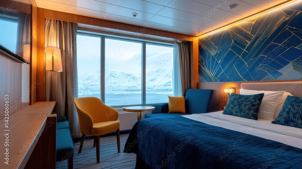 Fototapeta premium Cozy hotel room with modern decor and stunning mountain view through large windows
