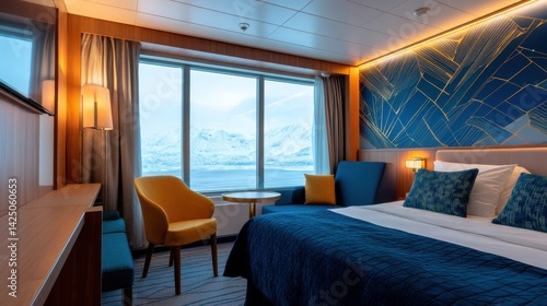 Cozy hotel room with modern decor and stunning mountain view through large windows