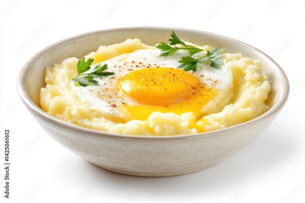 Delicious bowl of mashed potatoes topped with a sunny side up fried egg and fresh parsley garnish Delicious bowl of mashed potatoes topped with a sunny side up fried egg and fresh parsley garnish