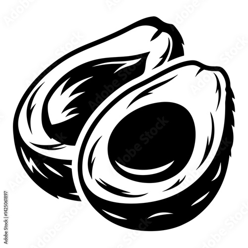 Monochrome halves of avocado showing pit and pulp in graphic style