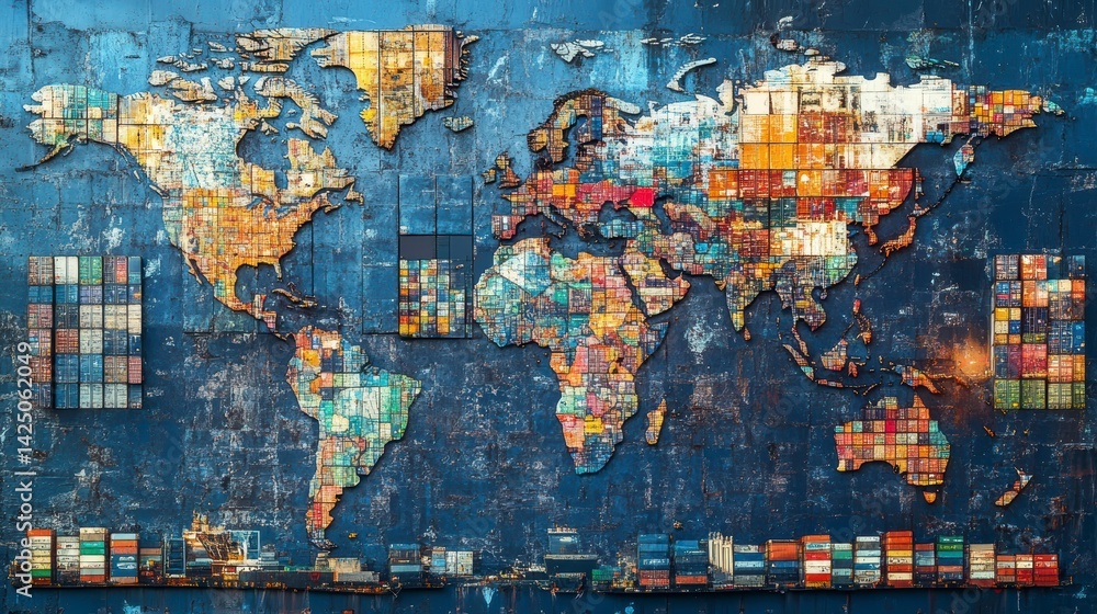 Fototapeta premium A world map crafted from colorful, textured squares and shipping containers, depicting global trade and connectivity.