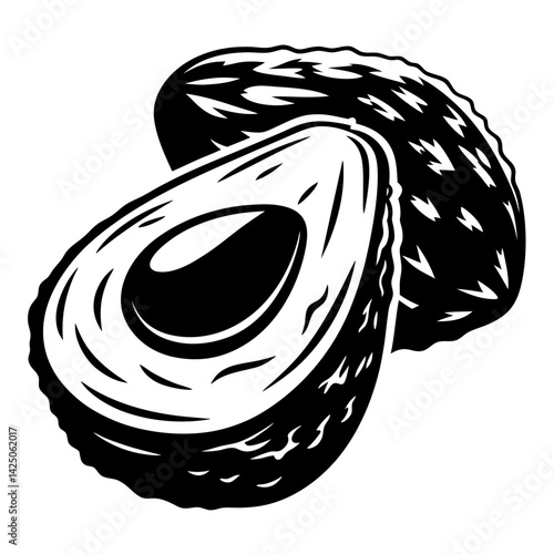 Monochrome illustration of an avocado cut in half to show the pit
