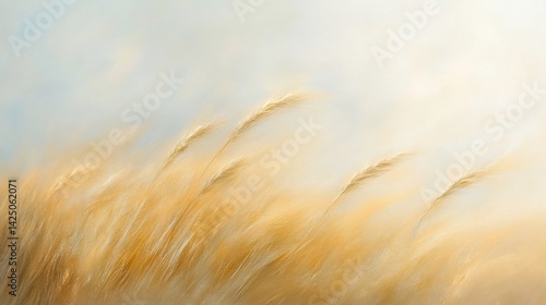 Golden grass swaying gently in field against light sky, natural, serene scene