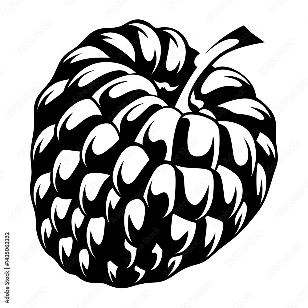 Abstract Black and White Sugar Apple Illustration with Bold Shapes and Outline Abstract Black and White Sugar Apple Illustration with Bold Shapes and Outline