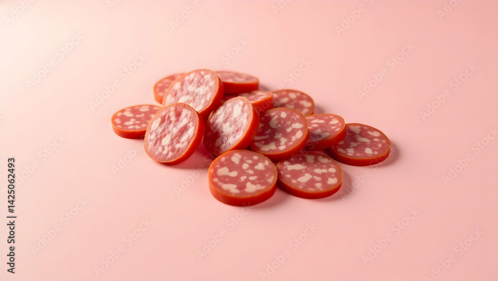Obraz premium Artistic Arrangement of Sliced Sausage Medallions on Light Pink, A Visually Appetizing Food Still Life Perfect for Culinary Content