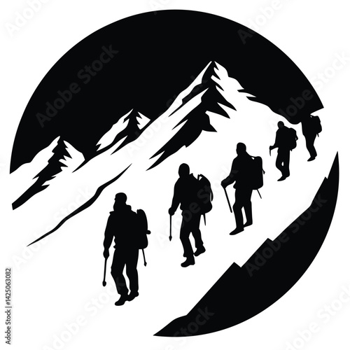 group of trekkers walking up snow covered mountain
