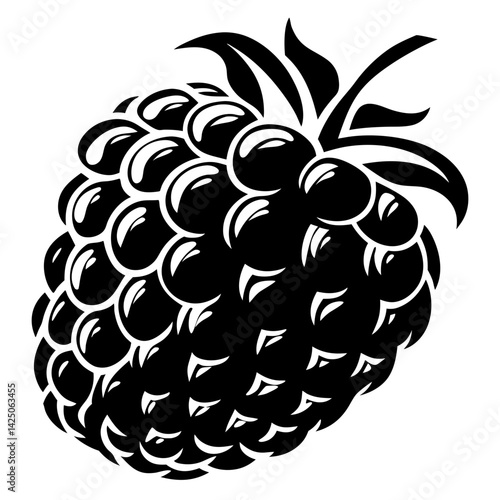 Black and white vector image of a ripe blackberry with leaves