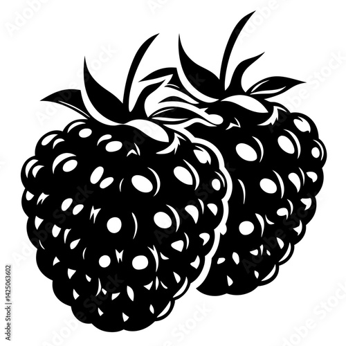 Stylized Illustration of Two Blackberries with Leaves in Black and White