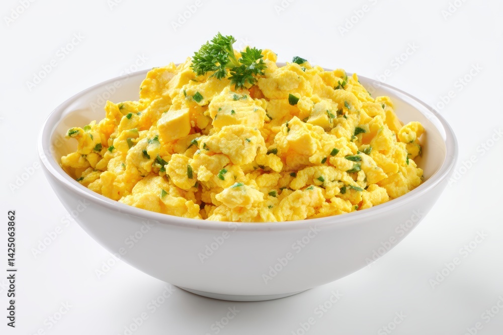 Scrambled delight fluffy yellow eggs in ceramic bowl with green garnish on neutral surface Scrambled delight fluffy yellow eggs in ceramic bowl with green garnish on neutral surface
