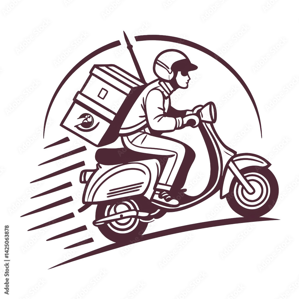 Delivery man operates a scooter with a loaded cargo box depicted in a vector art style conveying motion and efficiency in transportation service Delivery man operates a scooter with a loaded cargo box depicted in a vector art style conveying motion and efficiency in transportation service