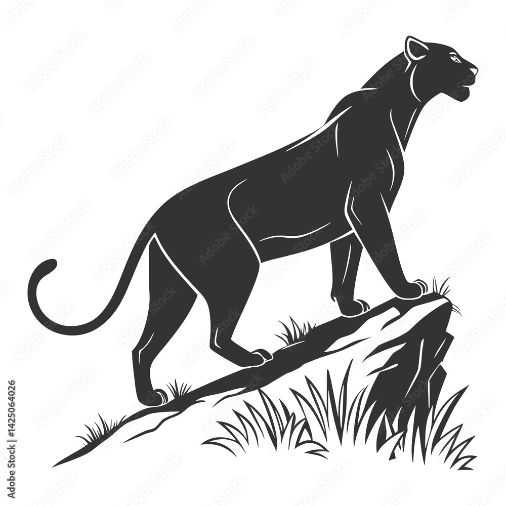 Obraz premium Sleek Panther Silhouette Vector – Minimal Black and White Big Cat Outline Design