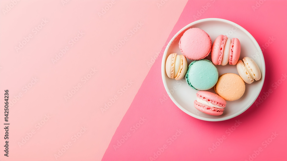 Fototapeta premium Colorful macarons on pink plate, pastel background, sweet treats, food photography, perfect for blogs or recipe sites