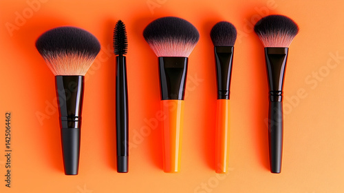 Orange and black makeup brushes arranged on orange background; beauty tools flat lay for cosmetic website or blog