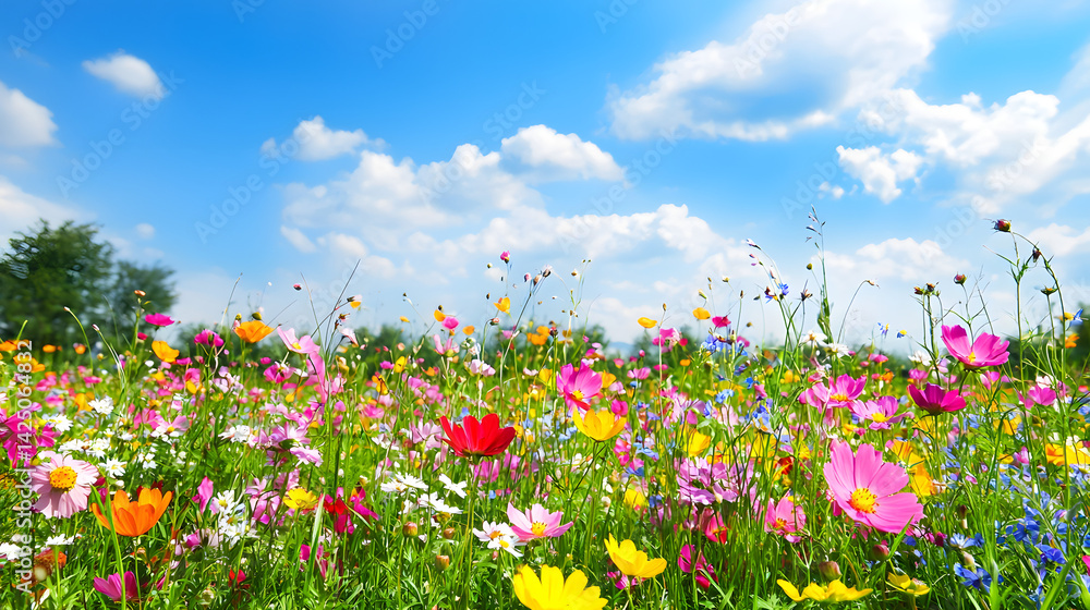 hills covered in vibrant wildflowers under a bright blue sky with fluffy white clouds hills covered in vibrant wildflowers under a bright blue sky with fluffy white clouds