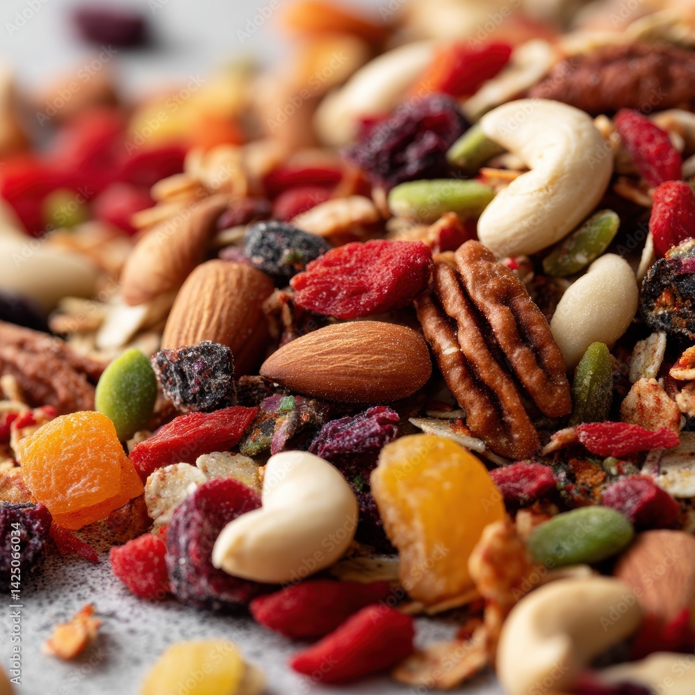 Fototapeta premium Delicious close up on various colorful mix of dried fruits and nuts for healthy eating concept shot in macro angle
