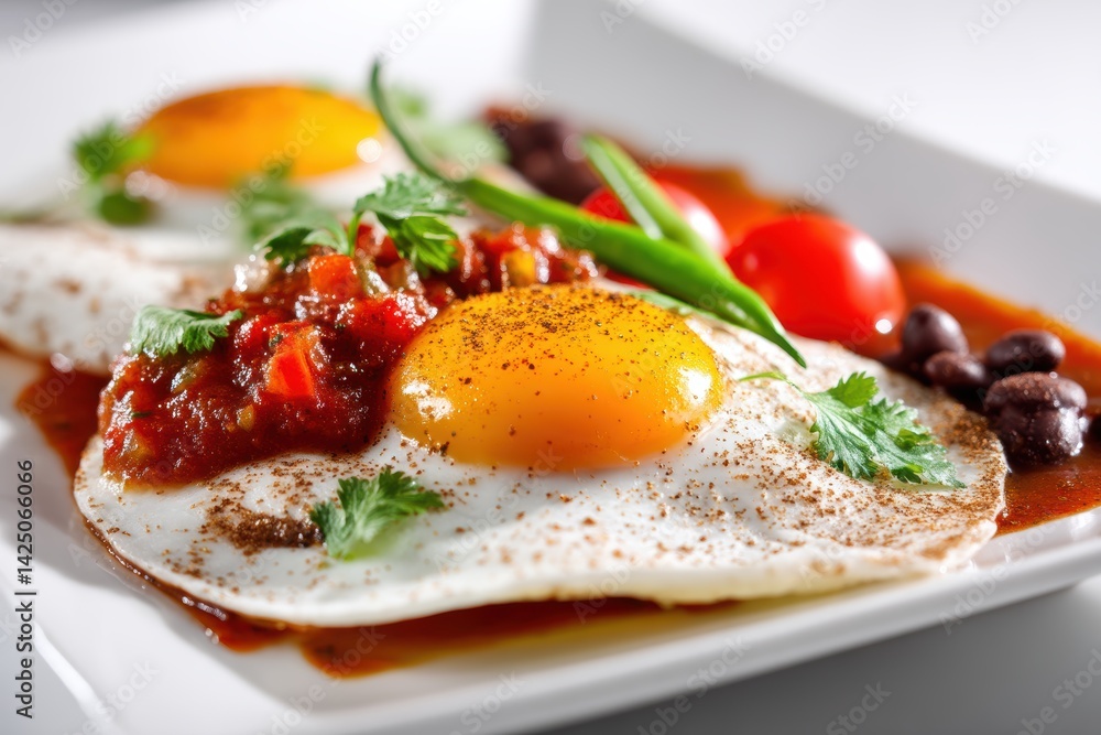 Sunny Side Up Eggs with Salsa Verde Tomatoes and Beans Artistic Culinary Food Still Life Sunny Side Up Eggs with Salsa Verde Tomatoes and Beans Artistic Culinary Food Still Life