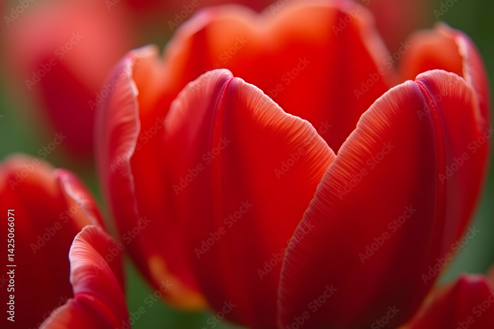 Captivating closeup unveils the intricate details of deep red tulip petal edges, epitomizing nature's delicate artistry and the vibrant essence of springtime beauty